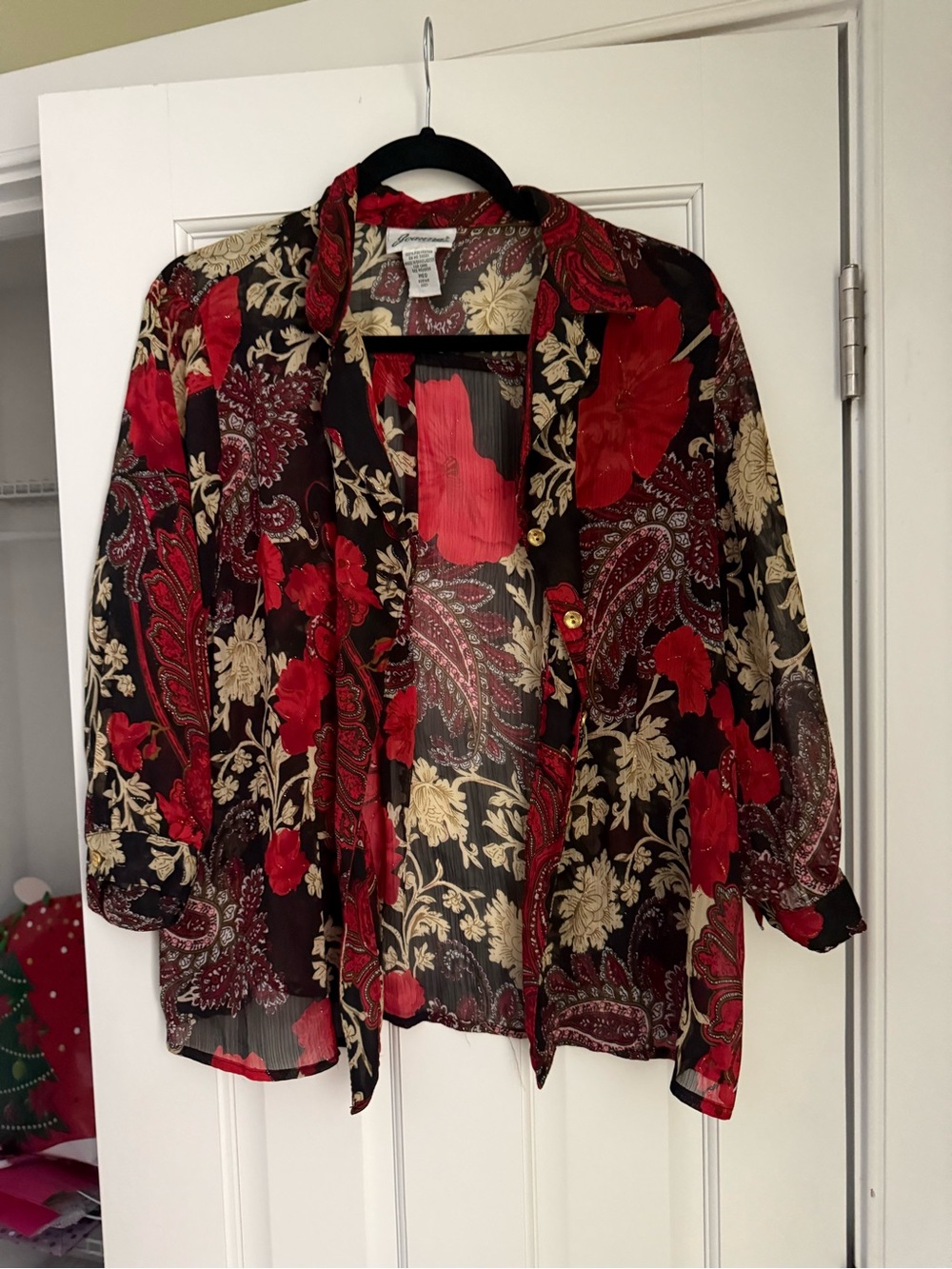 Anna Red & Black Sheer Floral Button-Front Jacket